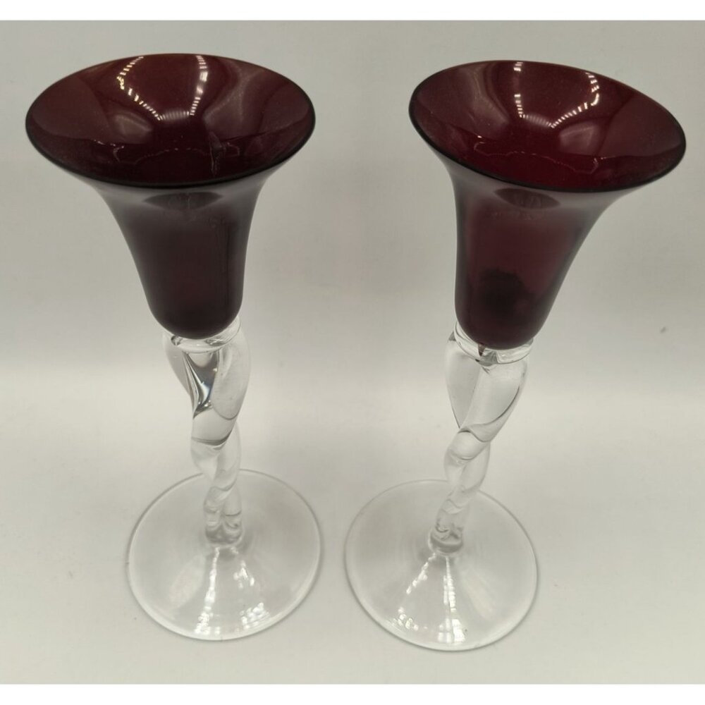 Vintage Handblown Glass Candle Holders With Ruby Red Fluted Tops & Clear Twisted - Picture 2 of 4